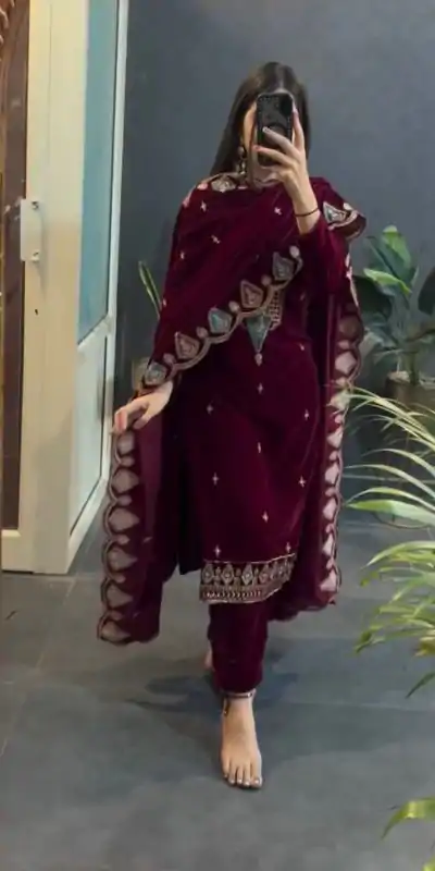 VLM 229 Maroon Viscose Velvet Salwar Suit Perfect for Wedding, Party, Cultural Events, Sangeet, Baby Shower – . Best Price ₹2149. Delivery 4-6 Working | Designer Suits, Jump Suits, Tops & Bottoms, Track Suits, Trendy Wear, Casual Suits, Creative suits, Palazzo Suits, Party Wear Suits, Patiala Suits, Salwar suit, Straight Suits