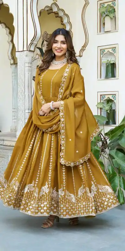 Ram 139 Mustered Star Georgette Gown Perfect for Wedding, Party, Family Gatherings, Haldi, Housewarming –. Grab it for ₹1949. Delivery 4-6 Working | Designer Suits, Jump Suits, Casual Suits, Creative suits, Palazzo Suits, Party Wear Suits, Patiala Suits, Salwar suit, Straight Suits