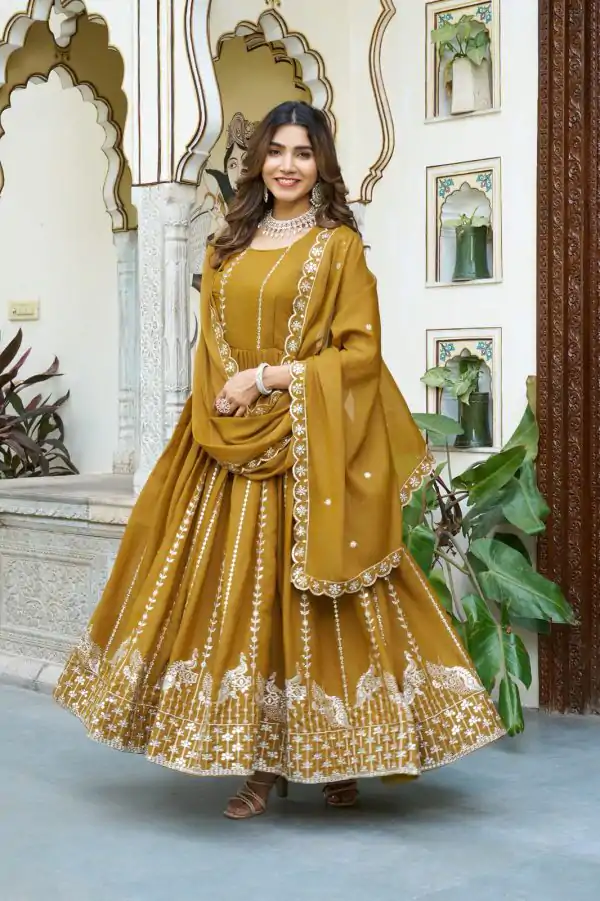 Ram 139 Mustered Star Georgette Gown Perfect for Wedding, Party, Family Gatherings, Haldi, Housewarming –. Grab it for ₹1949. Delivery 4-6 Working | Designer Suits, Jump Suits, Casual Suits, Creative suits, Palazzo Suits, Party Wear Suits, Patiala Suits, Salwar suit, Straight Suits