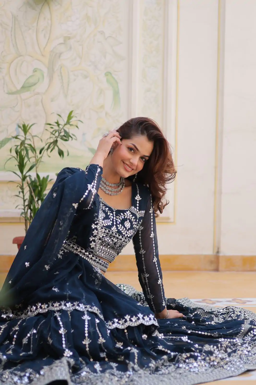 Ram 085 Navy Blue Color Fox Georgette Lehenga Choli with Embroidery Work. Grab it for ₹3049. Delivery 4-6 Working Days. Shop now. | Bollywood Lehenga, Creative Lehenga, Designer Lehenga, Embroidered Lehenga, Lehenga, Party Wear Lehenga