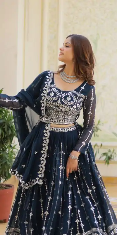 Ram 085 Navy Blue Color Fox Georgette Lehenga Choli with Embroidery Work. Grab it for ₹3049. Delivery 4-6 Working Days. Shop now. | Bollywood Lehenga, Creative Lehenga, Designer Lehenga, Embroidered Lehenga, Lehenga, Party Wear Lehenga