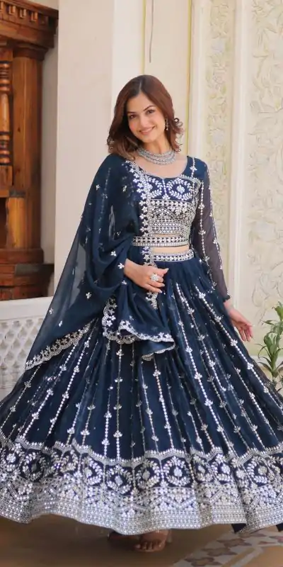 Ram 085 Navy Blue Color Fox Georgette Lehenga Choli with Embroidery Work. Grab it for ₹3049. Delivery 4-6 Working Days. Shop now. | Bollywood Lehenga, Creative Lehenga, Designer Lehenga, Embroidered Lehenga, Lehenga, Party Wear Lehenga