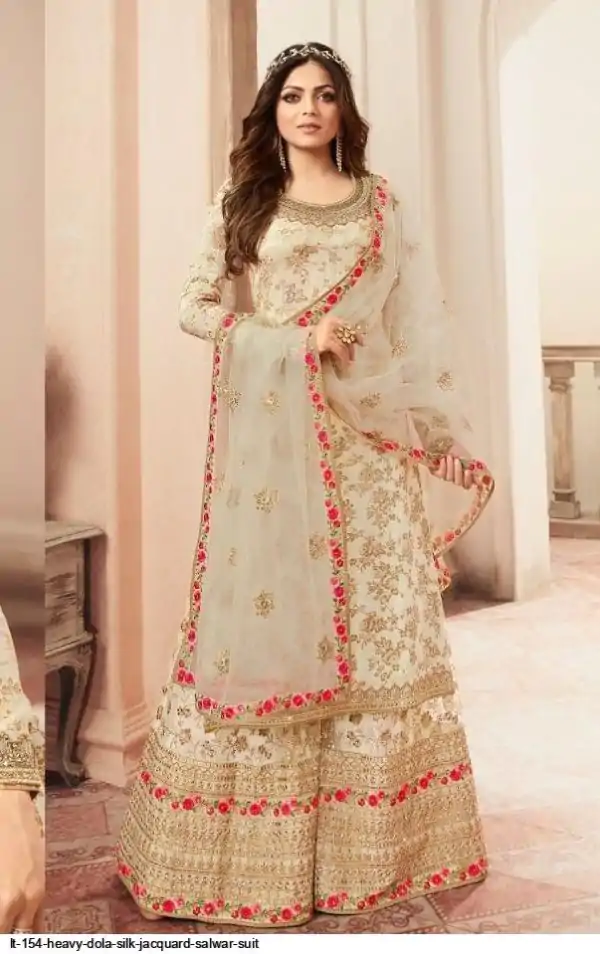 FC L.t 5401 Off White Color Jacquard Silk Georgette Diamond Sharara Suit Wedding, Party, Festive Expected Delivery 4-6 Working Days  @2999/- | Designer Suits, Jump Suits, Casual Suits, Creative suits, Palazzo Suits, Party Wear Suits, Patiala Suits, Salwar suit, Straight Suits