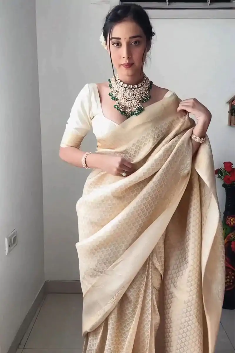 Off White Soft Lichi Silk Golden Waving Saree - Image 3