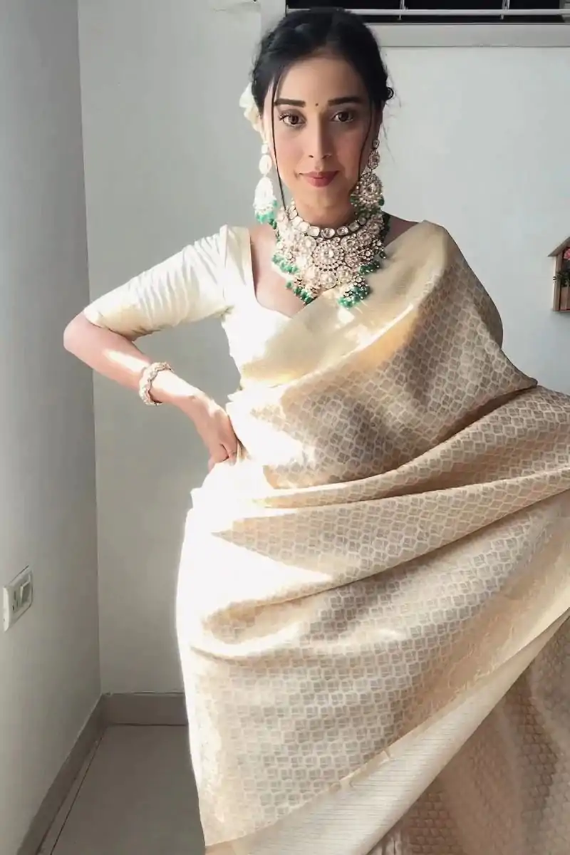 Off White Soft Lichi Silk Golden Waving Saree - Image 8