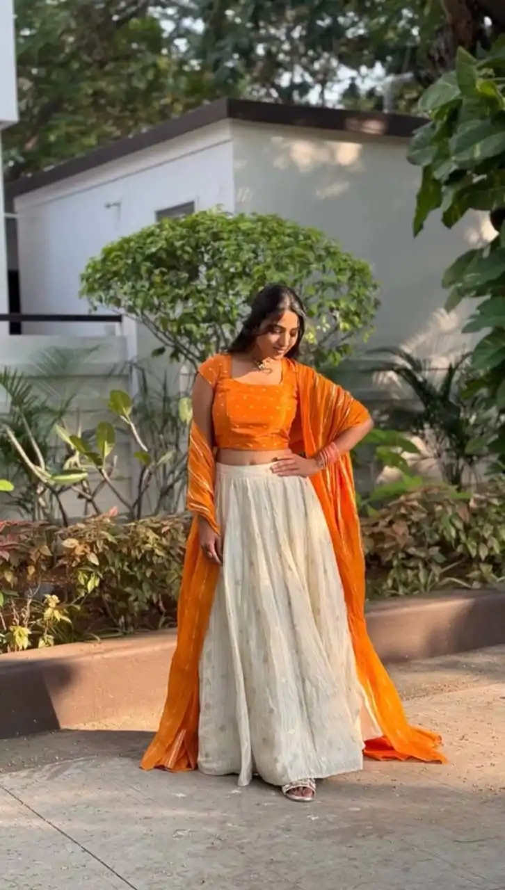 Orange Jacquard Silk Printed Lehenga Choli