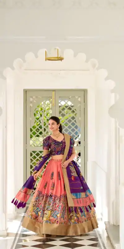Peach Dola Silk Lace Work Kalamkari Print Lehenga Choli