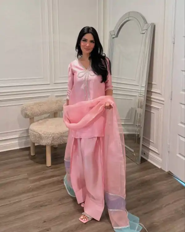Peach French Crape Bead Work Salwar Suit
