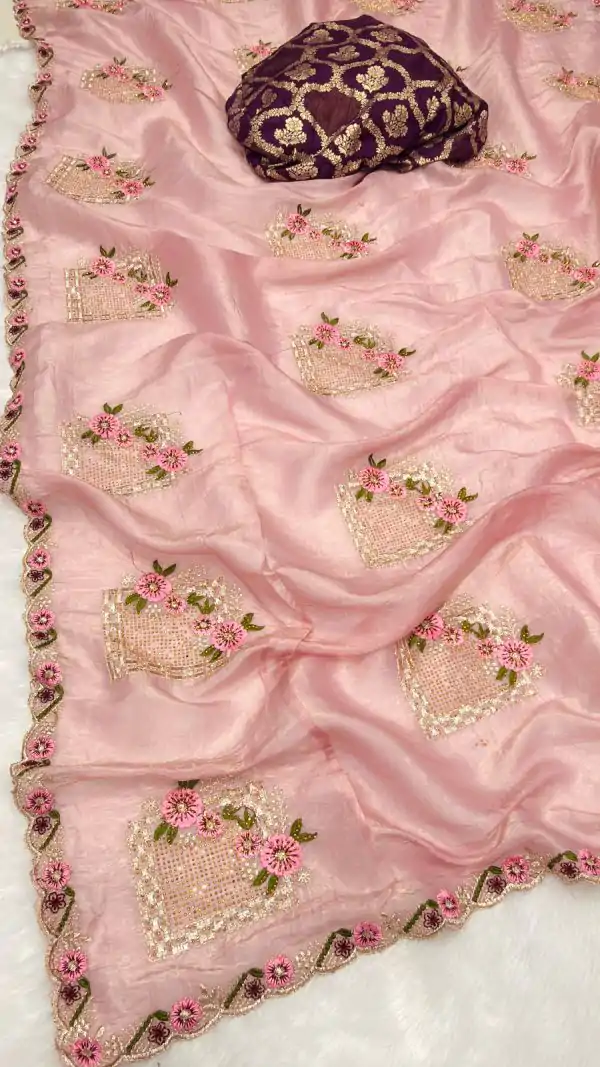 Peach Glod Crush Silk Embroidery Work Saree