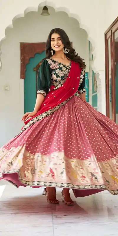 Ram 104 Peach mono silk Lehenga Choli Perfect for Wedding, Party, Anniversary, Onam, Ethnic Day – . Festive Deal ₹3149. Delivery 4-6 Working Days. | Bollywood Lehenga, Creative Lehenga, Designer Lehenga, Embroidered Lehenga, Lehenga, Party Wear Lehenga