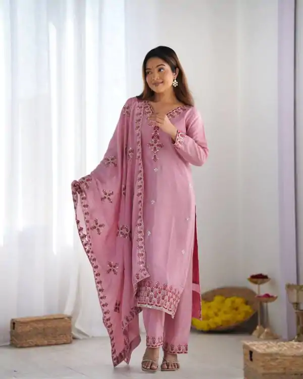 Pink Chinnon Silk Lace Embroidery Work Salwar Suit
