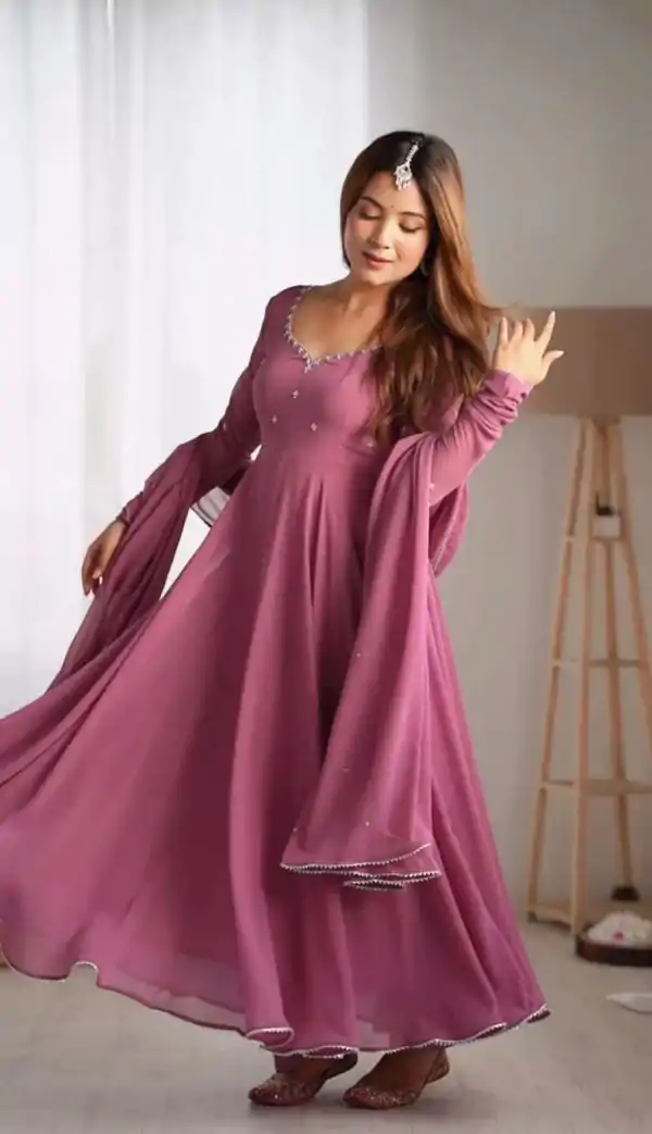 Pink Faux Georgette Lace Embroidery Work Sawar Suit