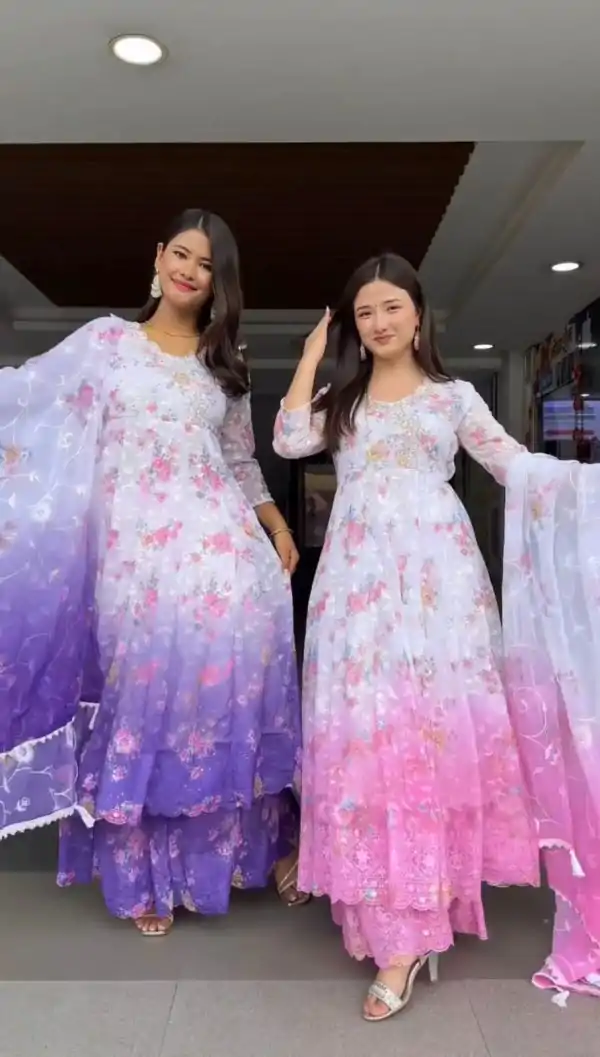 ST 1126 Pink Faux Georgette Gown Perfect for Wedding, Party, Diwali, Makar Sankranti, Mehendi – . Special Price ₹2599. Delivery 4-6 Working Days. | Designer Suits, Jump Suits, Casual Suits, Creative suits, Palazzo Suits, Party Wear Suits, Patiala Suits, Salwar suit, Straight Suits