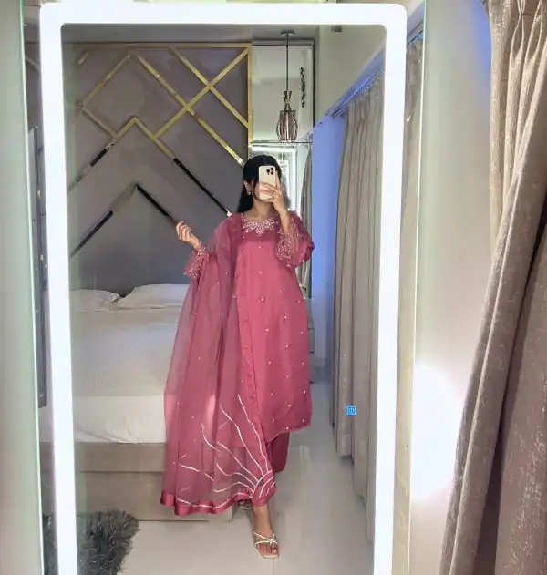 Pink Moss Satin Embroidery Bead Work Salwar Suit
