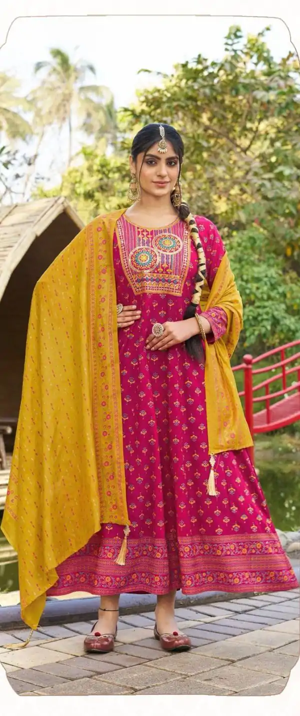 Pink Rayon Embroidery Work Gown