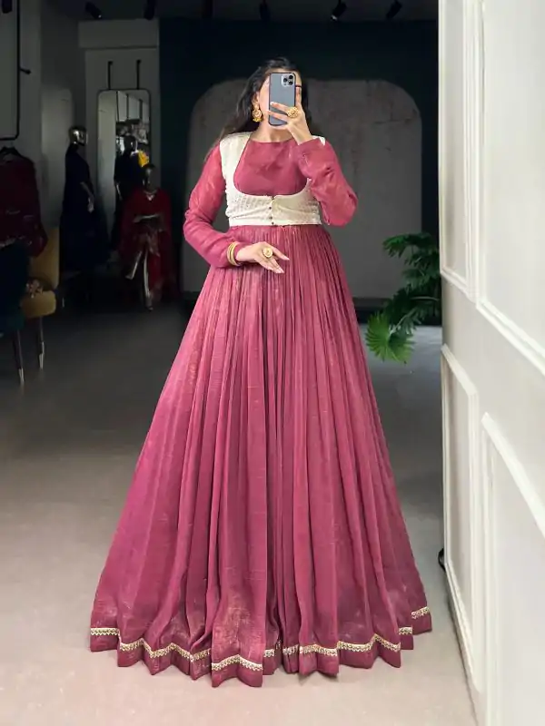 Pink Silver Glossy Sequins Embroidery Work Gown