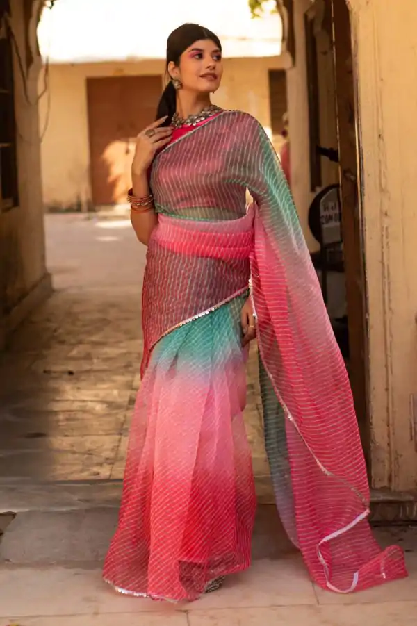Pink Soft T.b. Organza Silk Sequins Work Saree