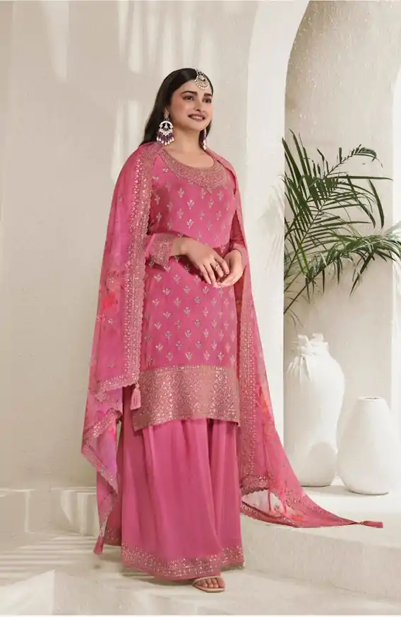 Pink Viscose Chinon Embroidery Work Salwar Suit