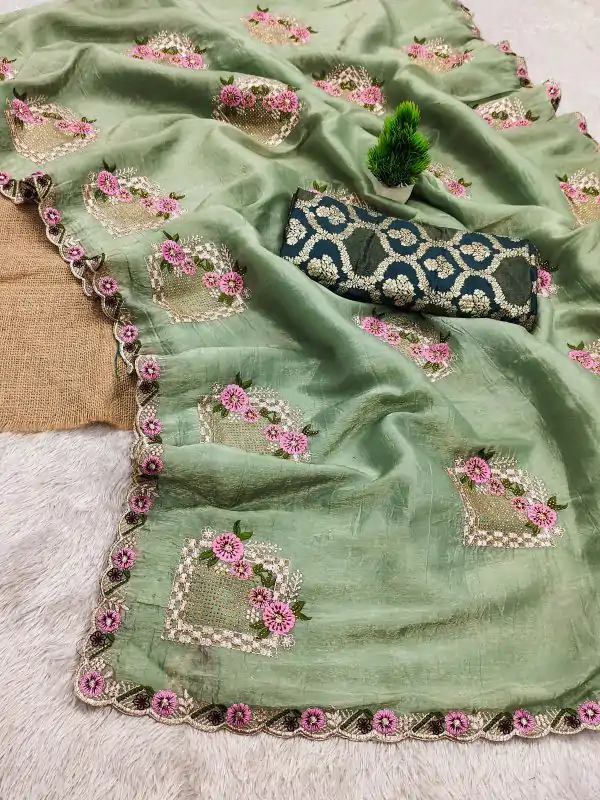 Pista Paper Silk Crush With Embroider Saree