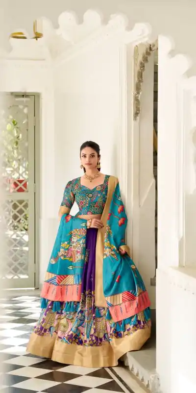 Purple Dola Silk Lace Work Kalamkari Print Lehenga Choli