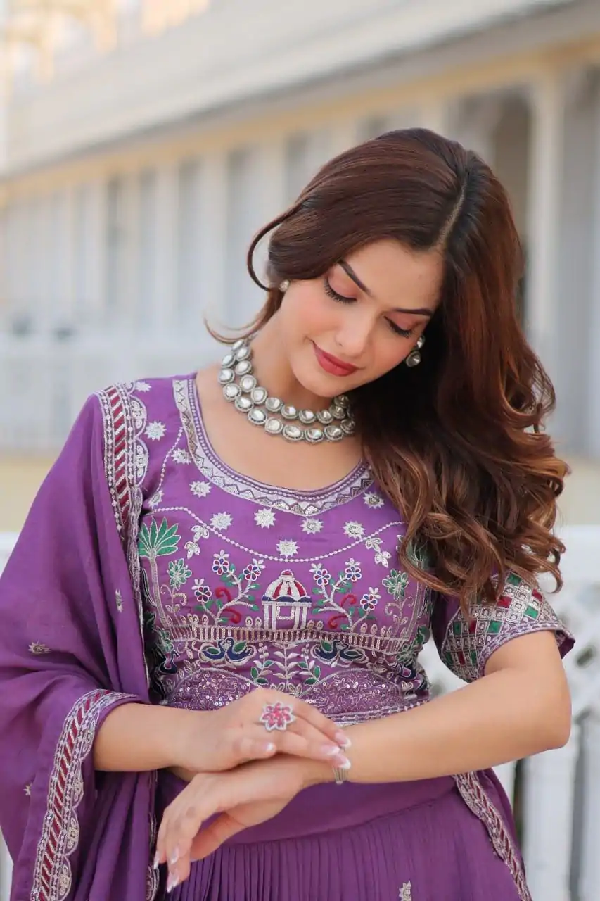 Purple Pure Chinon Embroidery Work Lehenga Choli - Image 7