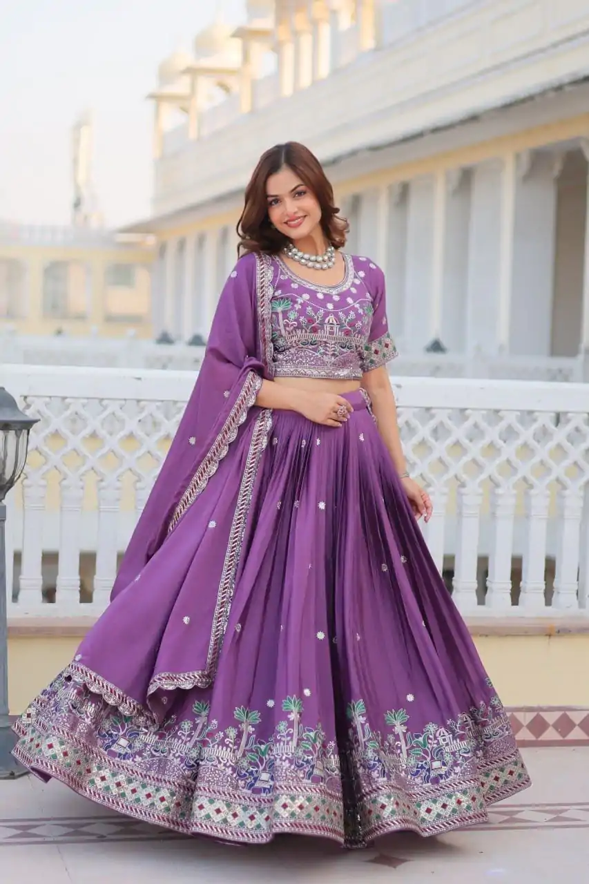 Purple Pure Chinon Embroidery Work Lehenga Choli - Image 5
