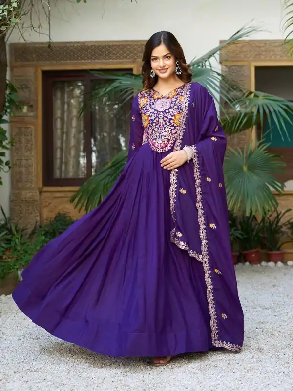 Ram 105 Purple Star Georgette Gown with Embroidery Work & Thread Embroidery. Get it for ₹2049. Delivery 4-6 Working Days. Shop now. | Designer Suits, Jump Suits, Casual Suits, Creative suits, Palazzo Suits, Party Wear Suits, Patiala Suits, Salwar suit, Straight Suits
