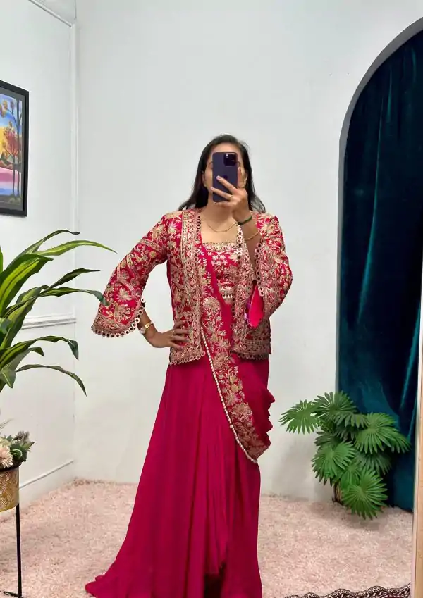 Red Chinon Embroidery Lace Work Saree