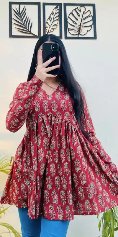Red Cotton With Printed Kurti