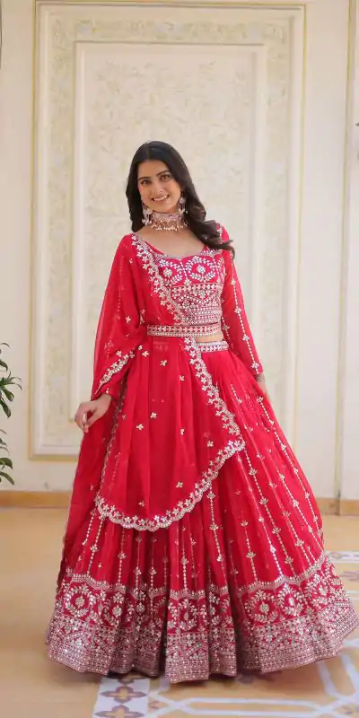 Ram 085 Red Color Fox Georgette Lehenga Choli with Embroidery Work. Grab it for ₹3049. Delivery 4-6 Working Days. Shop now. | Bollywood Lehenga, Creative Lehenga, Designer Lehenga, Embroidered Lehenga, Lehenga, Party Wear Lehenga