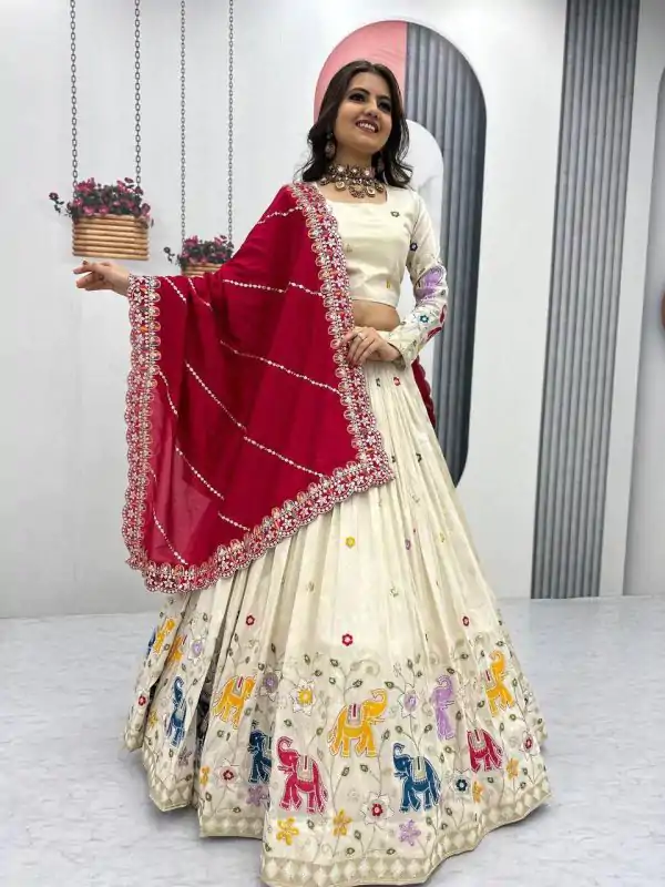 Red Tissue Silk Cut Lace Work Lehenga Choli