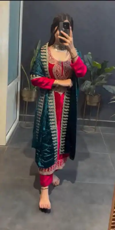 Red Viscose Velvet Lace Embroidery Work Salwar Suit