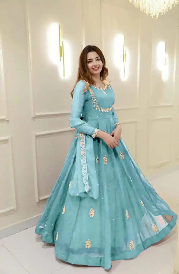 Sky Blue Georgette Embroidery Work Gown