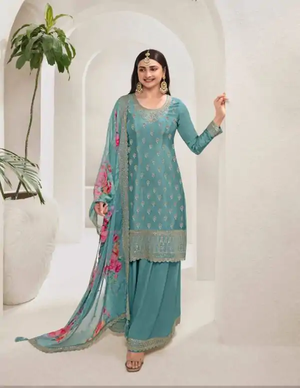 Sky Blue Viscose Chinon Embroidery Work Salwar Suit
