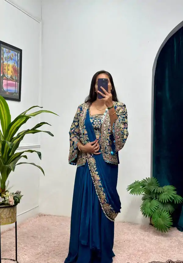 Teal Chinon Embroidery Lace Work Saree