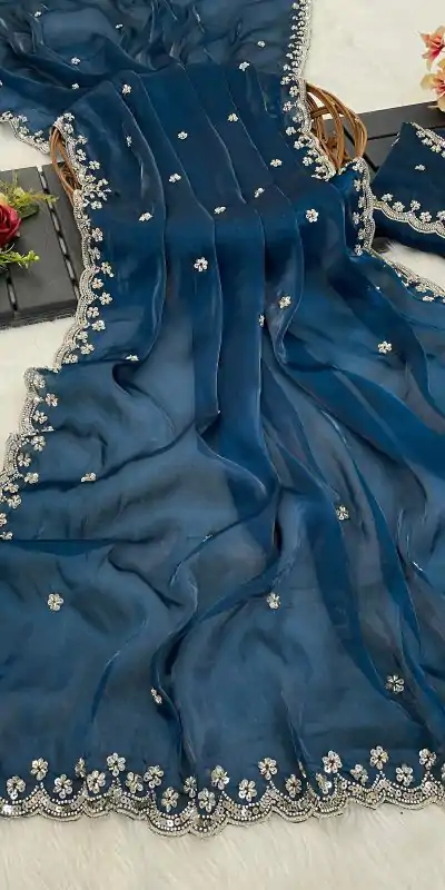 Teal Jimmy Chou Silk Embroidery Work Saree