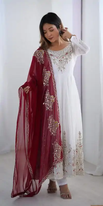ZF 5008 White Georgette Gown with Embroidery Work. Wedding, Party, Festive, Events, Special Price ₹2049. Delivery 4-6 Working Days. Shop now. | Designer Suits, Jump Suits, Casual Suits, Creative suits, Palazzo Suits, Party Wear Suits, Patiala Suits, Salwar suit, Straight Suits