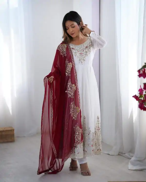 ZF 5008 White Georgette Gown with Embroidery Work. Wedding, Party, Festive, Events, Special Price ₹2049. Delivery 4-6 Working Days. Shop now. | Designer Suits, Jump Suits, Casual Suits, Creative suits, Palazzo Suits, Party Wear Suits, Patiala Suits, Salwar suit, Straight Suits