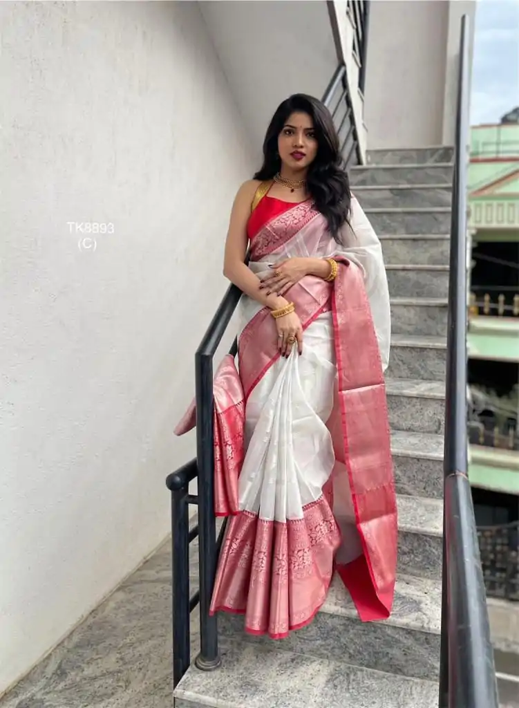 White Soft Lichi Silk Lace Work Lace Border Saree - Image 4