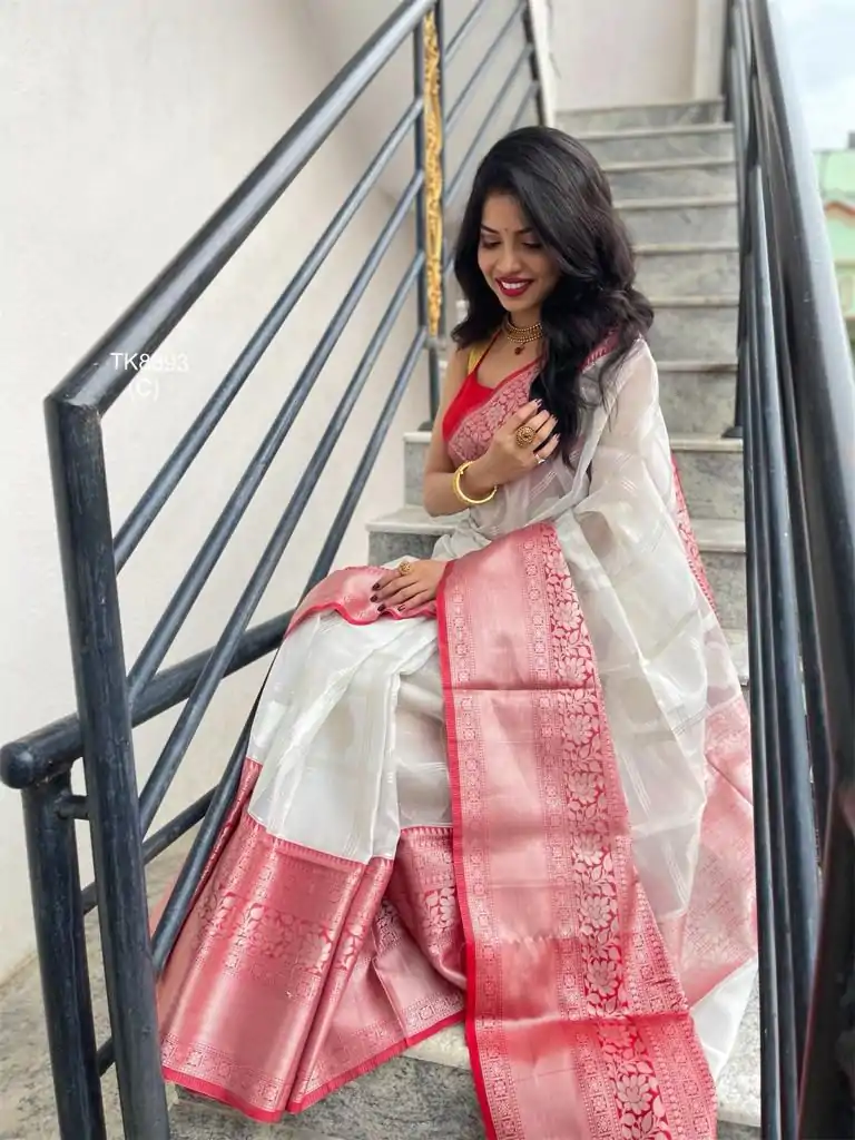 White Soft Lichi Silk Lace Work Lace Border Saree - Image 2