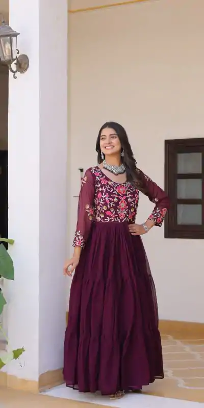 Ram 082 Wine Fox Georgette Gown Perfect for Wedding, Party, Sangeet, Durga Puja, Reception – . Grab it for ₹1849. Delivery 4-6 Working Days. Shop now. | Designer Suits, Jump Suits, Casual Suits, Creative suits, Palazzo Suits, Party Wear Suits, Patiala Suits, Salwar suit, Straight Suits