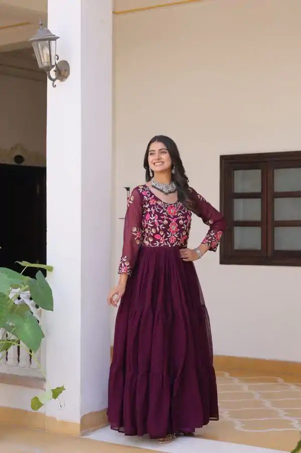 Ram 082 Wine Fox Georgette Gown Perfect for Wedding, Party, Sangeet, Durga Puja, Reception – . Grab it for ₹1849. Delivery 4-6 Working Days. Shop now. | Designer Suits, Jump Suits, Casual Suits, Creative suits, Palazzo Suits, Party Wear Suits, Patiala Suits, Salwar suit, Straight Suits